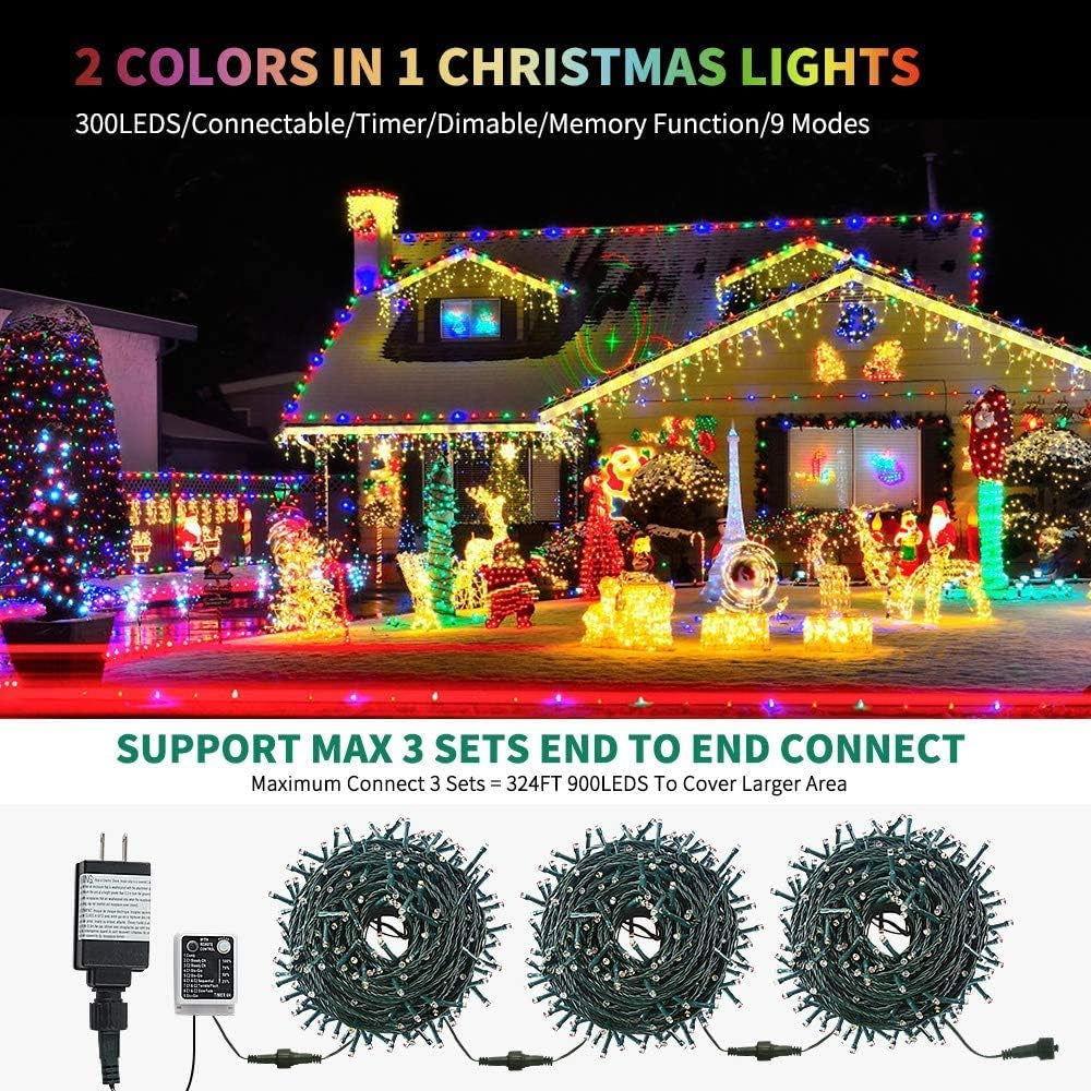Haili Christmas Lights Outdoor,105Ft 300 LED Color Changing Lights with Timer Remote, UL Certified 9 Lighting Modes for House Christmas Tree Halloween, Garden, Party, Wedding Decoration