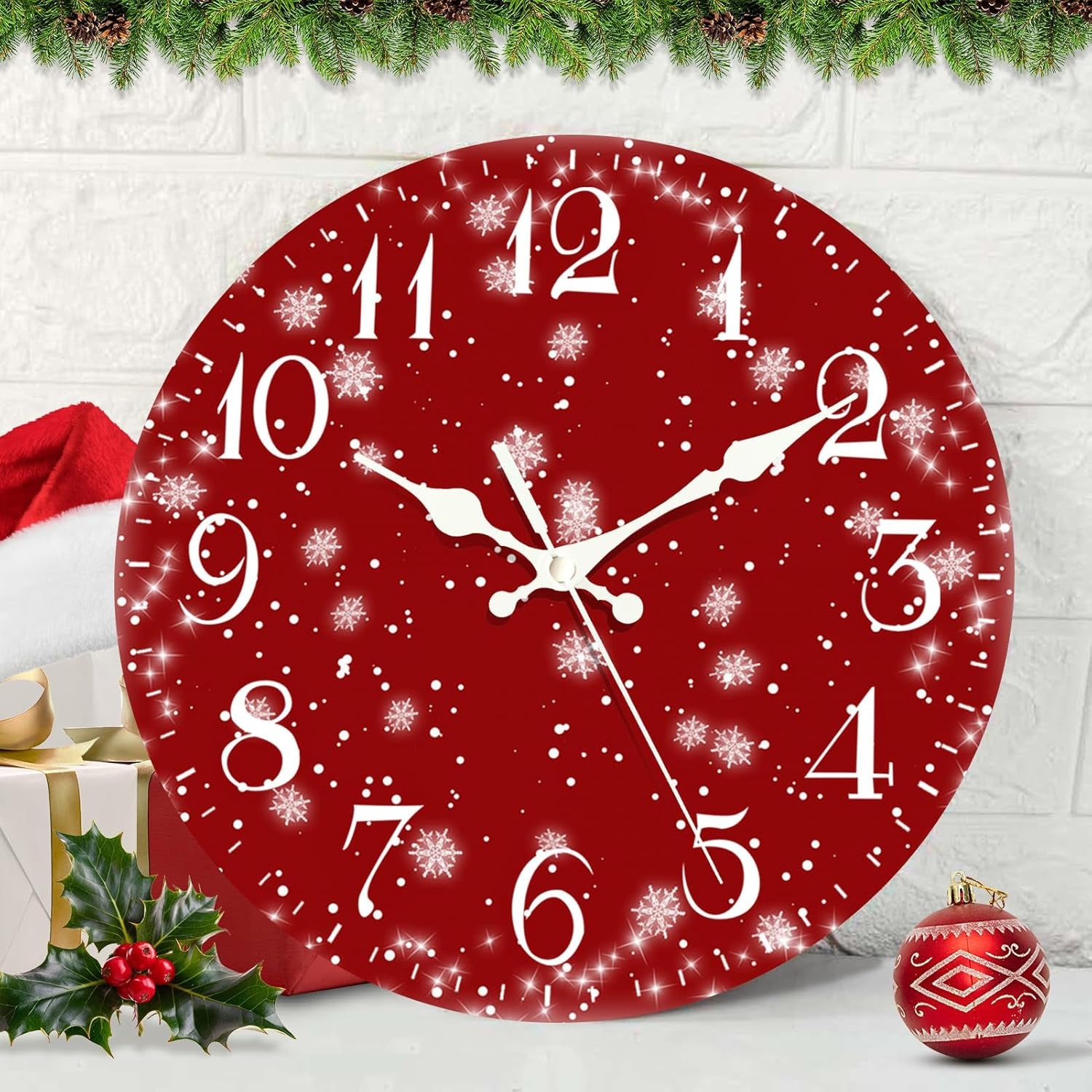 Christmas Wall Clock Silent Non-Ticking, Snowflake Red Christmas Cold Eve round Wall Clocks Decor for Home Kitchen Living Room Office, Battery Operated(12 Inch)