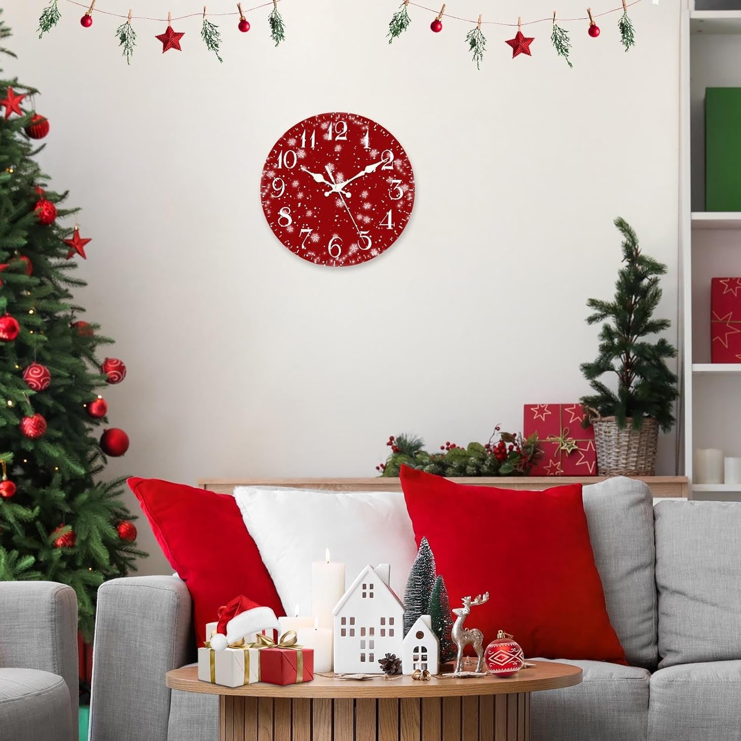 Christmas Wall Clock Silent Non-Ticking, Snowflake Red Christmas Cold Eve round Wall Clocks Decor for Home Kitchen Living Room Office, Battery Operated(12 Inch)