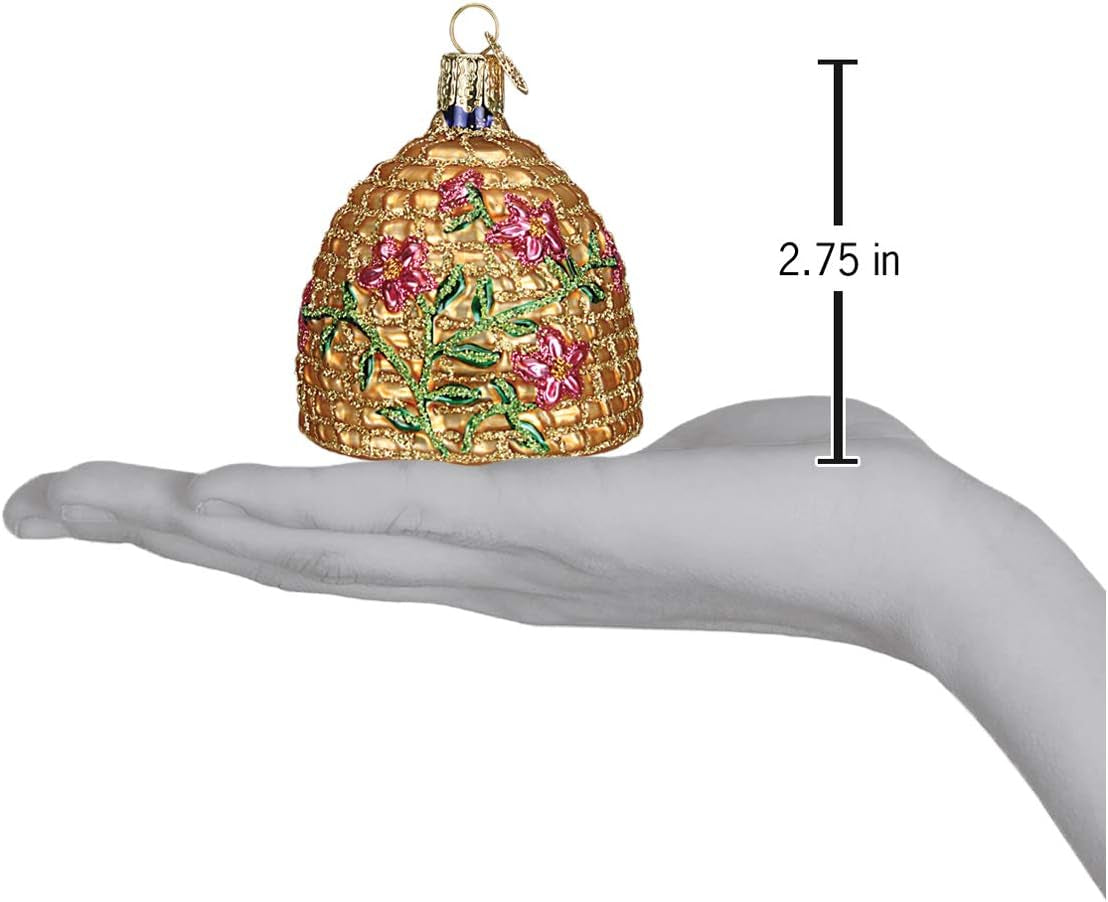 Bee Skep Glass Blown Ornament for Christmas Tree, Handcrafted Holiday Decoration, Bee Collection