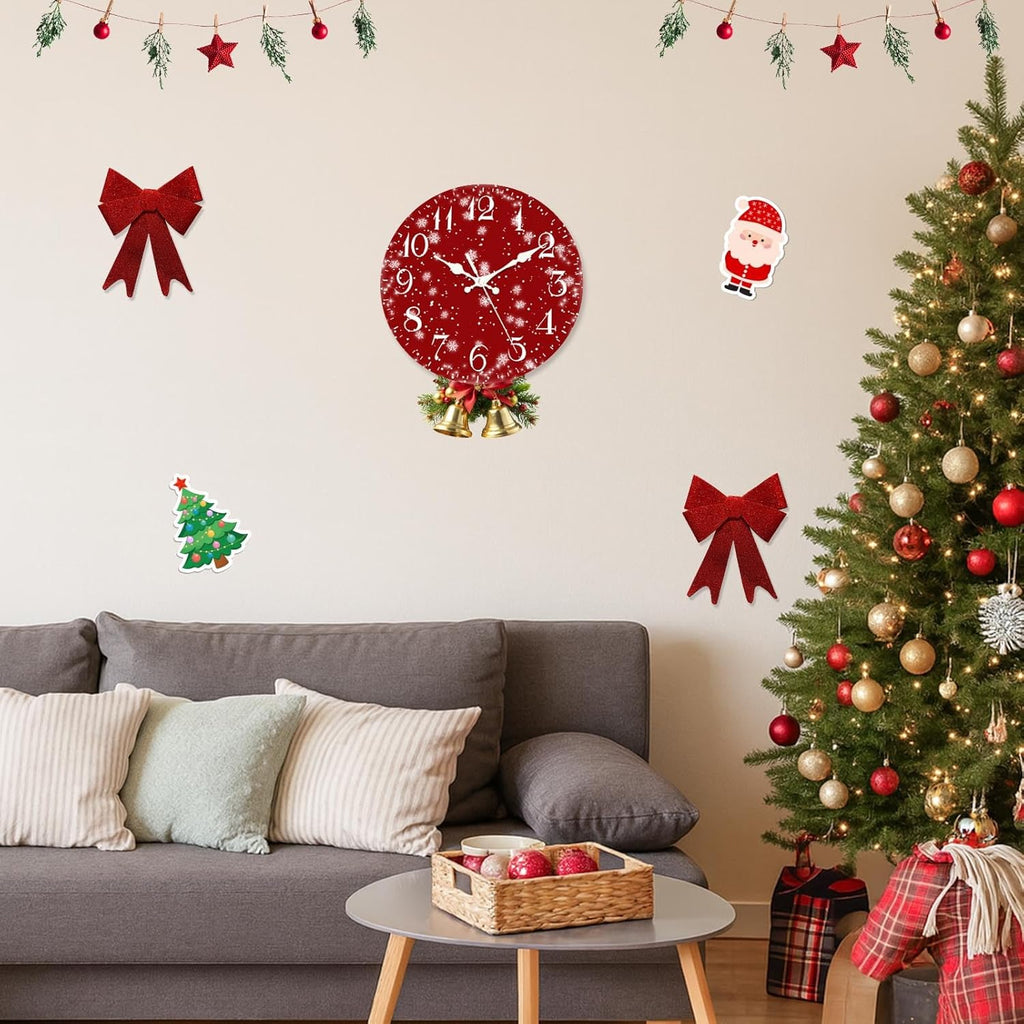Christmas Wall Clock Silent Non-Ticking, Snowflake Red Christmas Cold Eve round Wall Clocks Decor for Home Kitchen Living Room Office, Battery Operated(12 Inch)