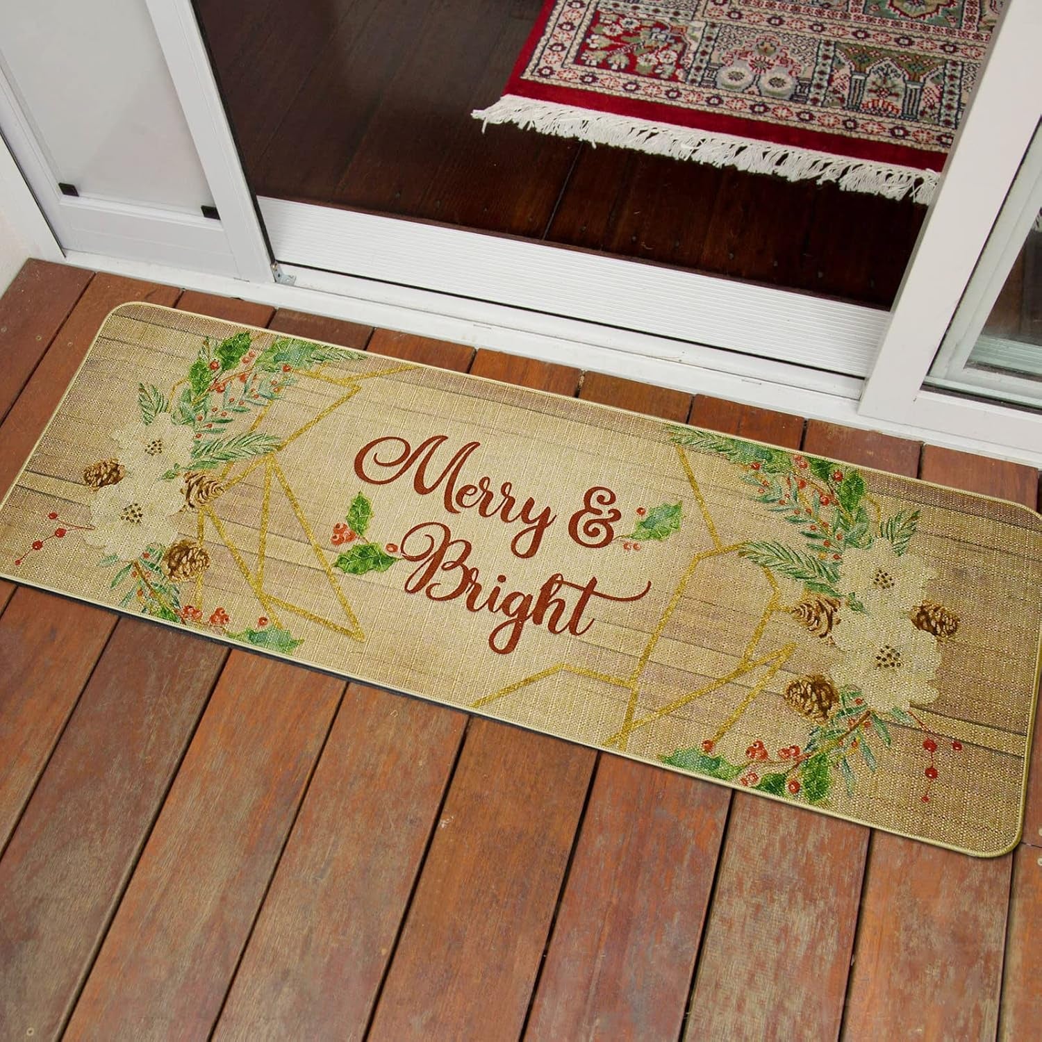 Decorative Christmas Runner Rug Non-Slip Floor Mats Indoor Outdoor Area Carpet Winter Holiday Welcome Doormats Merry Xmas Decor Entrance Rugs for Hallway Kitchen Living Room Bedroom (Merry and Bright)