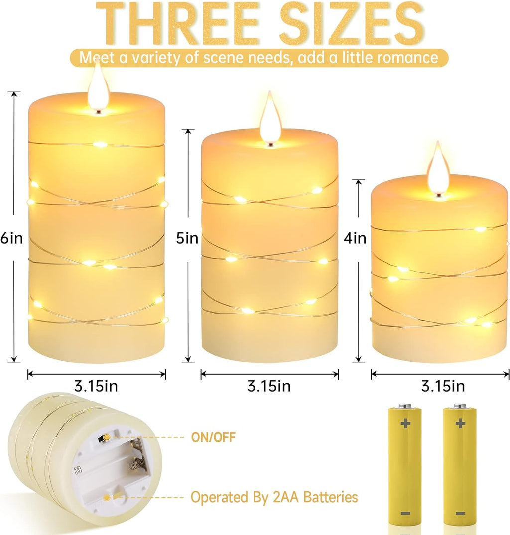 Flameless Candles with String Lights，Battery Operated Candles,Led Flickering Candles with Remote Control and Timer, Real Wax, 3 Pack-Ivory