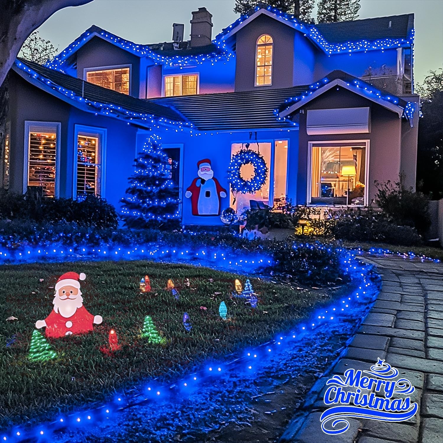 200 LED Blue Christmas Lights Outdoor, Expandable 66Ft Christmas String Lights Green Wire, 8 Modes Twinkle Xmas Tree Light Plug in for Party Indoor Ceiling Beroom Patio Fence Yard Decor