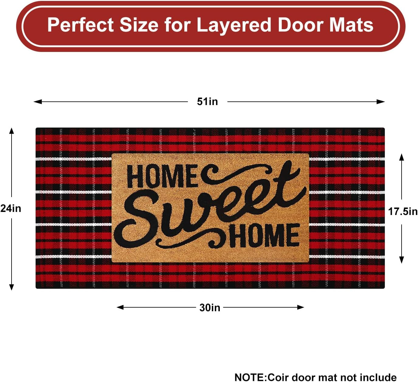 Christmas Door Mat Outdoor 24"X51",Red/Black Buffalo Plaid Rug,Washable Cotton Hand-Woven Layered Door Mats,Reversible Outdoor Christmas Decor for Front Porch,Entryway,Kitchen