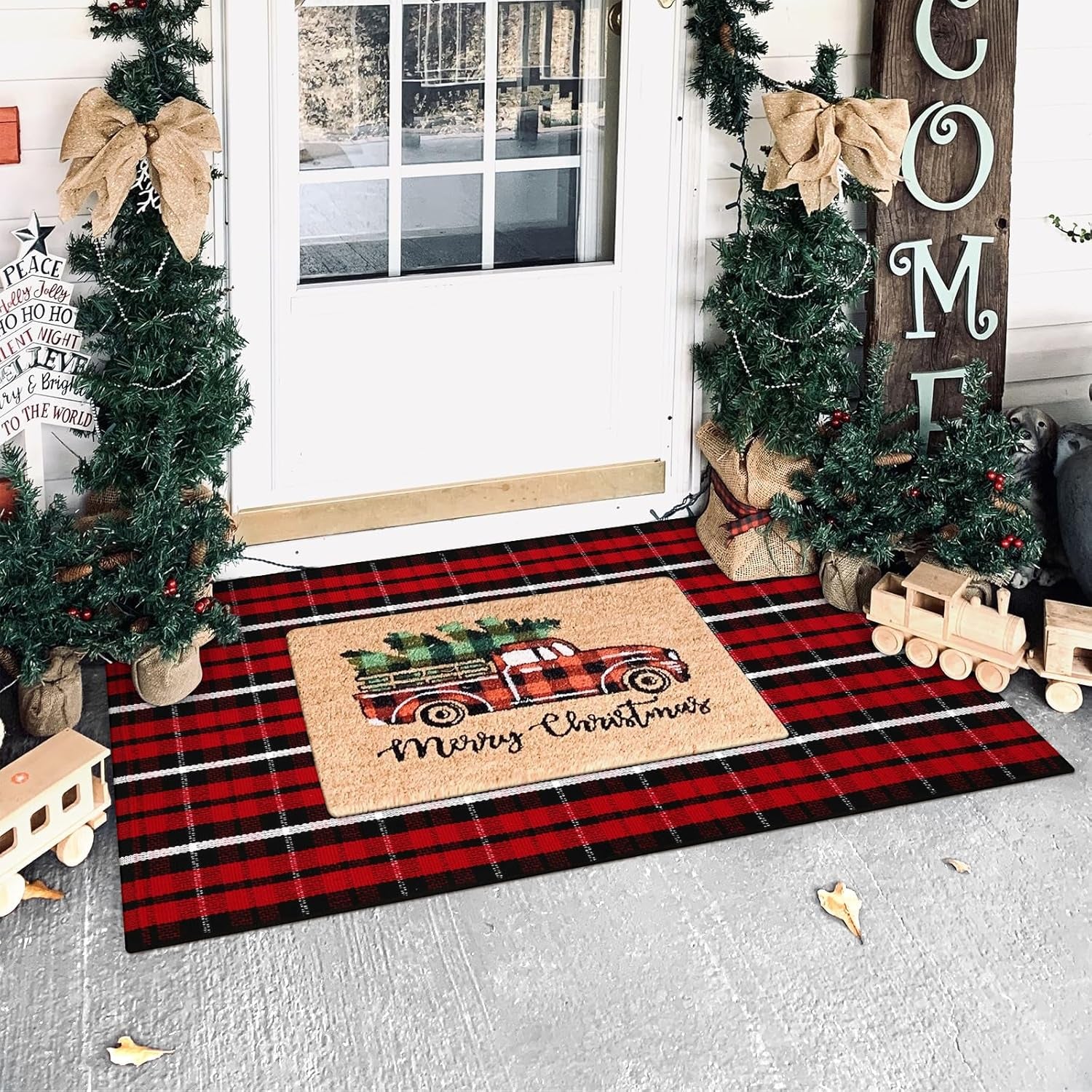 Christmas Door Mat Outdoor 24"X51",Red/Black Buffalo Plaid Rug,Washable Cotton Hand-Woven Layered Door Mats,Reversible Outdoor Christmas Decor for Front Porch,Entryway,Kitchen