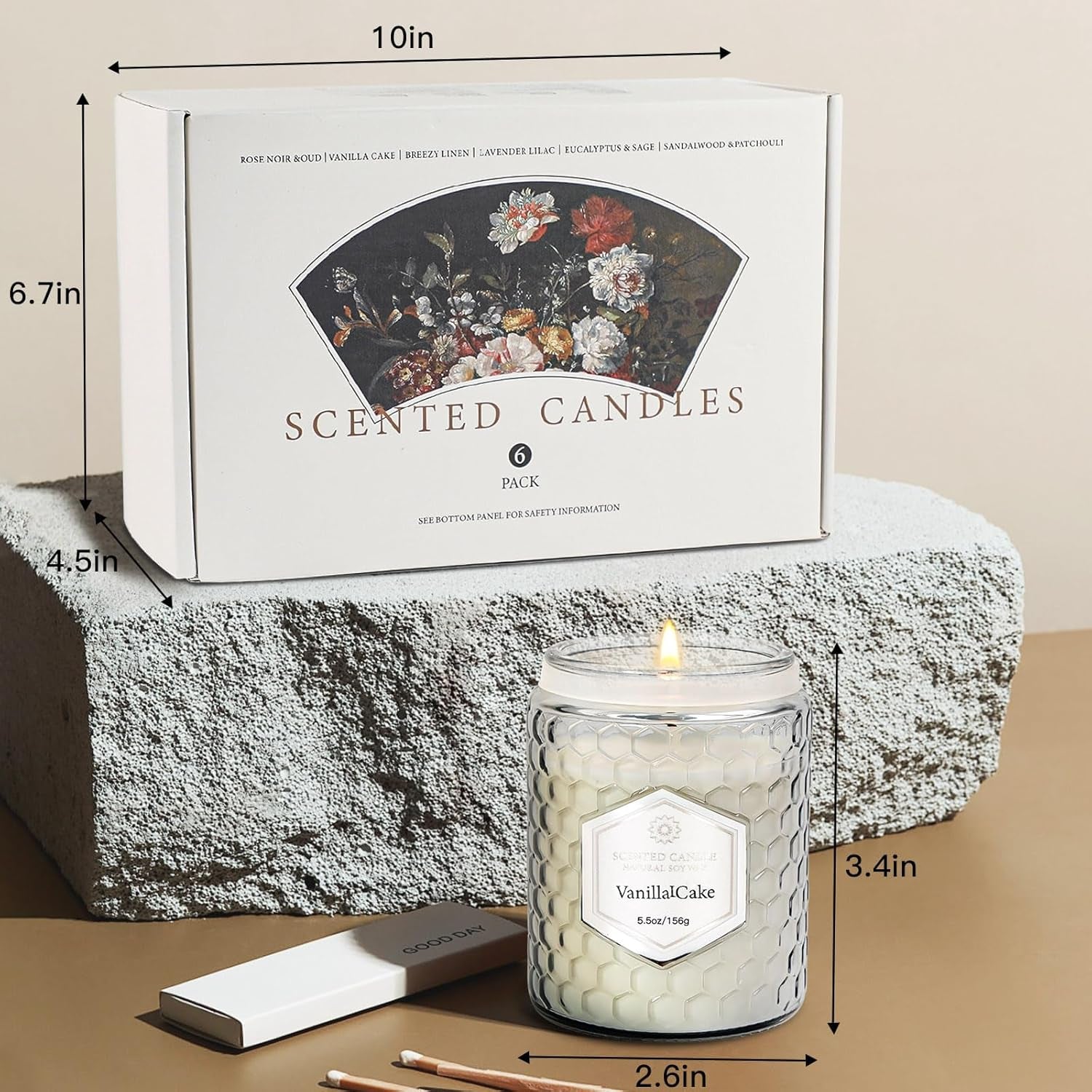 6 Pack Scented Candles for Home, Aromatherapy Gift Set for Women, Natural Soy Wax Jar, 33 Oz 240 Hour Long Lasting, Birthday and Valentine'S Day Gift, Flax Gray