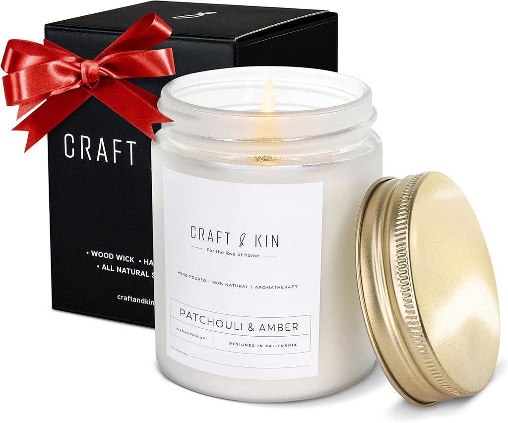 Patchouli & Amber Christmas Scented Candle | 8 Oz, 45-Hour Long Lasting | Classic Soy with Woodwick Winter Candles | Made with Natural Soy | Holiday Candles Gifts for Men and Women