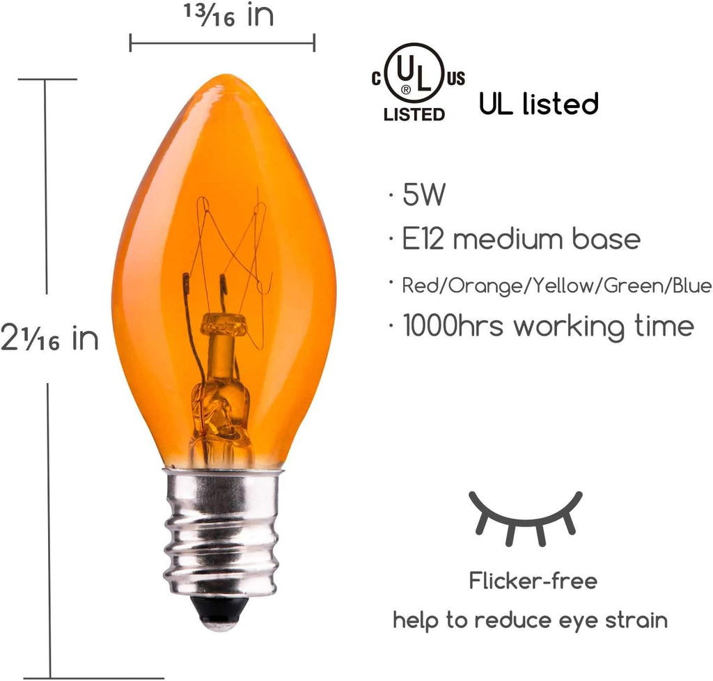 50-Pack C7 Christmas Replacement Bulbs, C7 Clear Incandescent Bulbs for Christmas Light Strings, E12 Candelabra Base, 5 Watt, Multi-Color