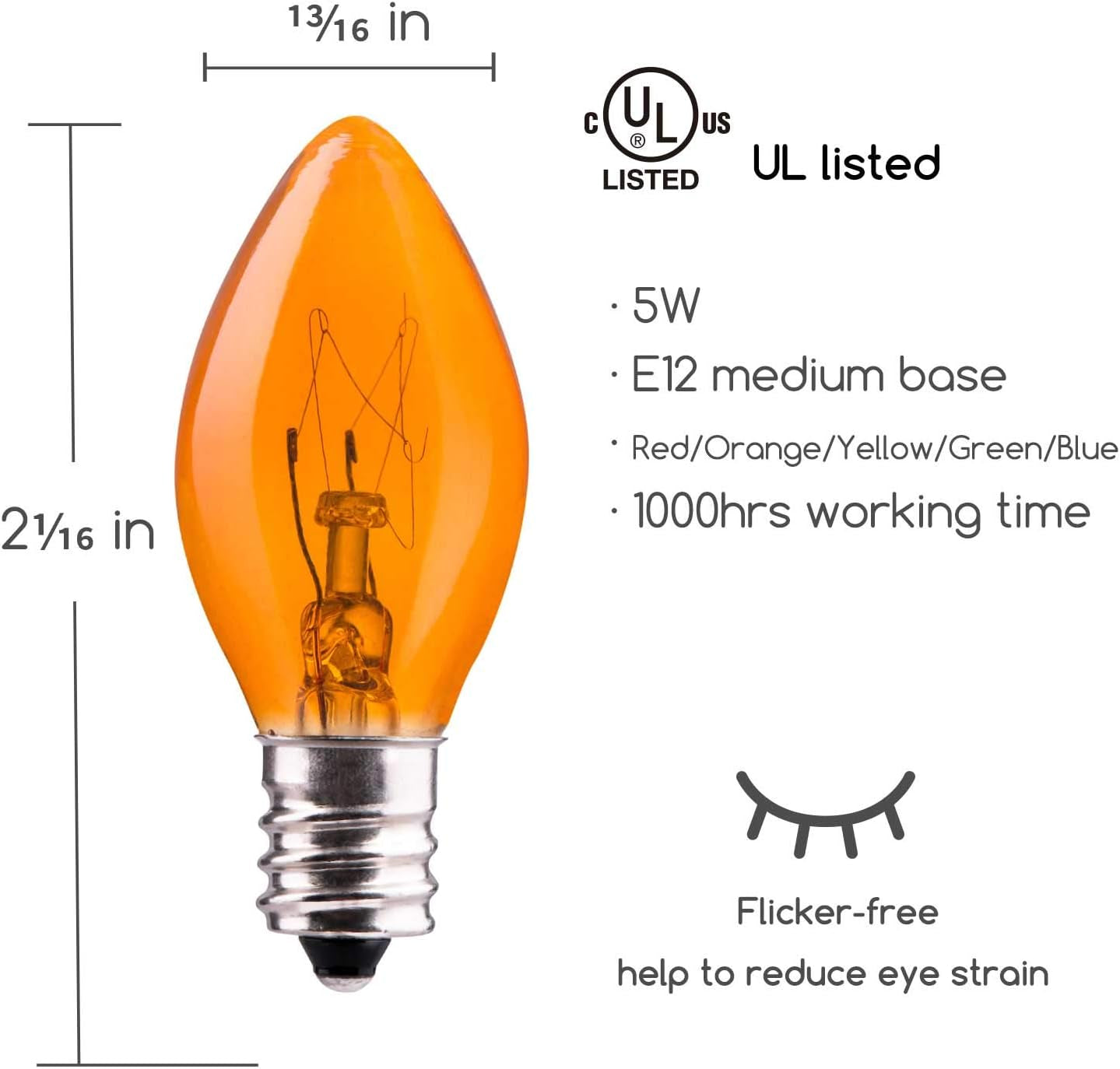 50-Pack C7 Christmas Replacement Bulbs, C7 Clear Incandescent Bulbs for Christmas Light Strings, E12 Candelabra Base, 5 Watt, Multi-Color