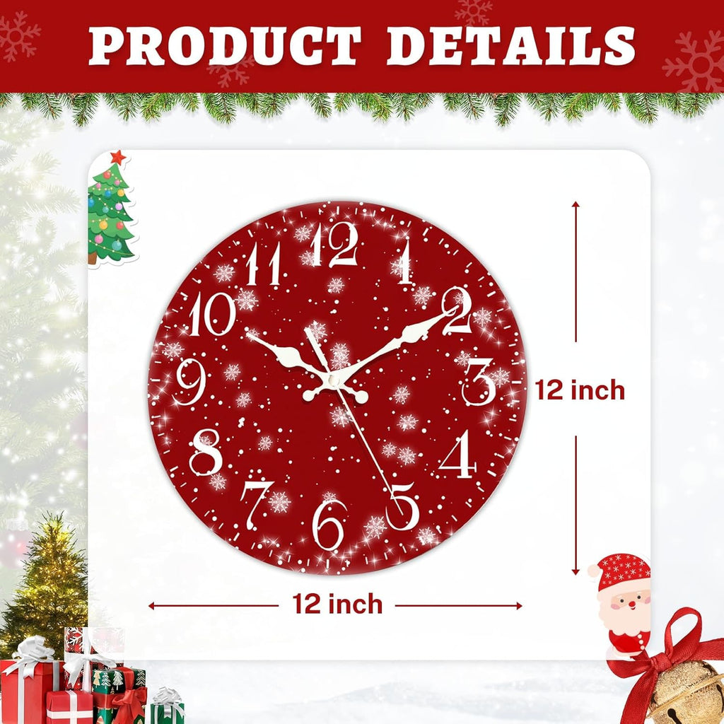 Christmas Wall Clock Silent Non-Ticking, Snowflake Red Christmas Cold Eve round Wall Clocks Decor for Home Kitchen Living Room Office, Battery Operated(12 Inch)