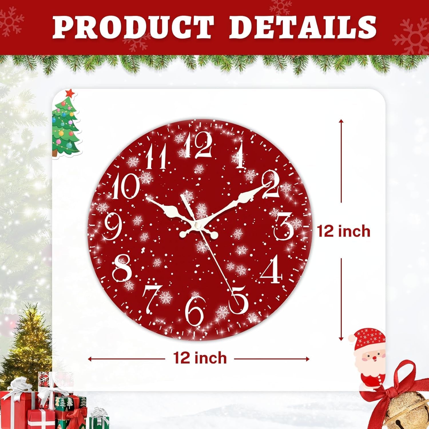 Christmas Wall Clock Silent Non-Ticking, Snowflake Red Christmas Cold Eve round Wall Clocks Decor for Home Kitchen Living Room Office, Battery Operated(12 Inch)