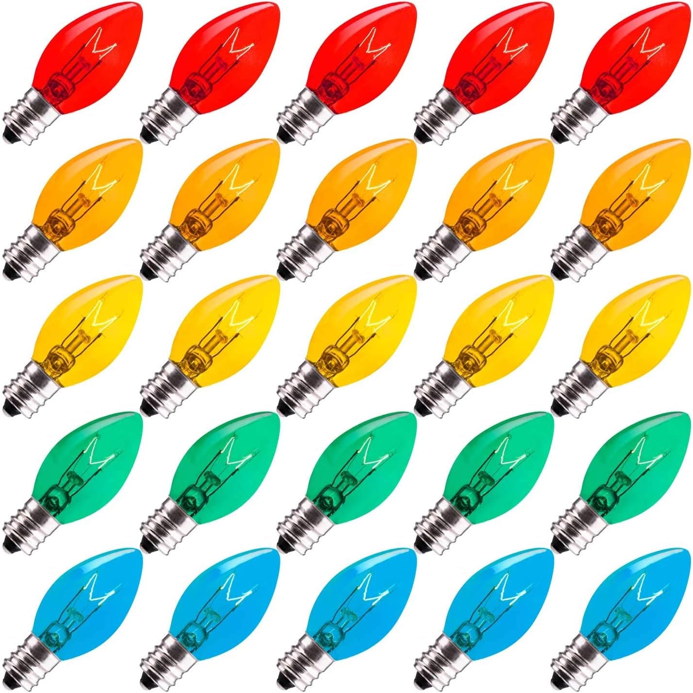 50-Pack C7 Christmas Replacement Bulbs, C7 Clear Incandescent Bulbs for Christmas Light Strings, E12 Candelabra Base, 5 Watt, Multi-Color