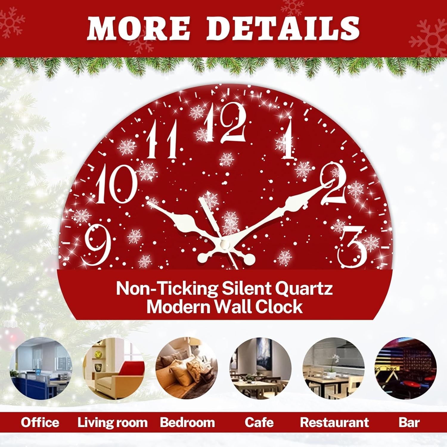 Christmas Wall Clock Silent Non-Ticking, Snowflake Red Christmas Cold Eve round Wall Clocks Decor for Home Kitchen Living Room Office, Battery Operated(12 Inch)