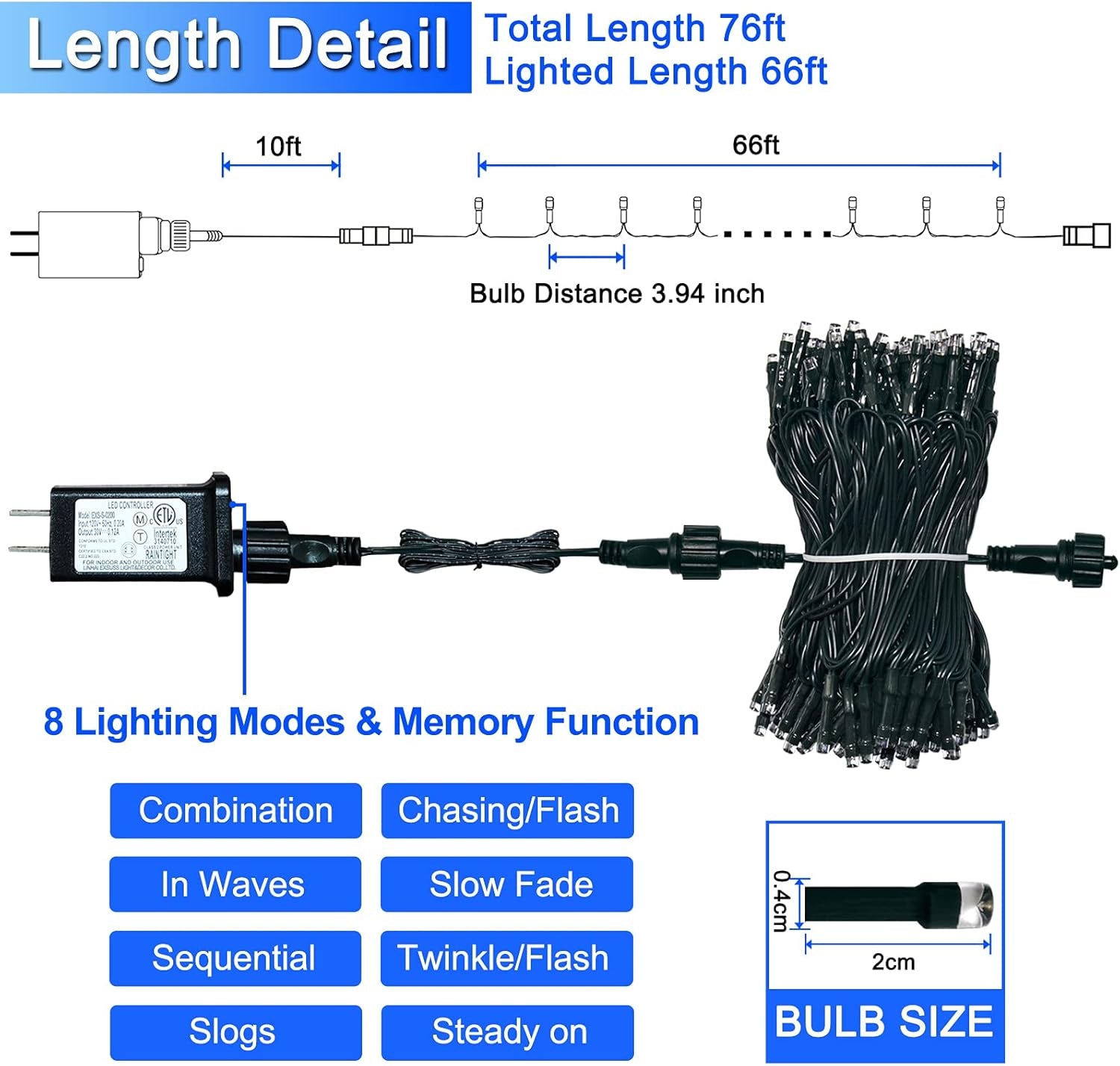 200 LED Blue Christmas Lights Outdoor, Expandable 66Ft Christmas String Lights Green Wire, 8 Modes Twinkle Xmas Tree Light Plug in for Party Indoor Ceiling Beroom Patio Fence Yard Decor